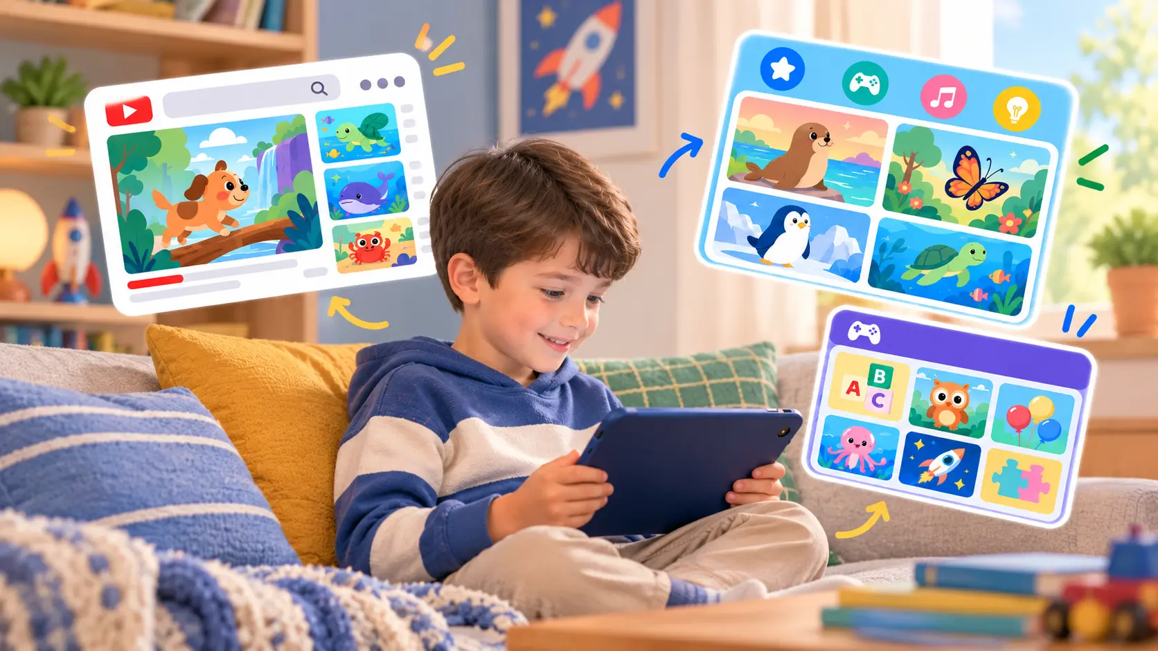 A boy on a sofa smiles at a tablet, surrounded by the free places children watch and play: a video player with a recommended-videos column, a children's video app of animal characters, and a grid of kids' learning games.