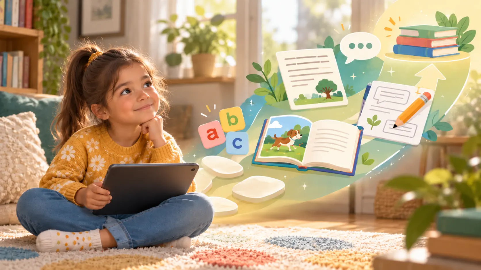 A child holding a tablet looks up at a path that keeps going past the app: from the letter tiles a, b, and c where free reading apps start, past a page of text and a picture book still ahead, up to a stack of books, the next step once a child reads simple text.