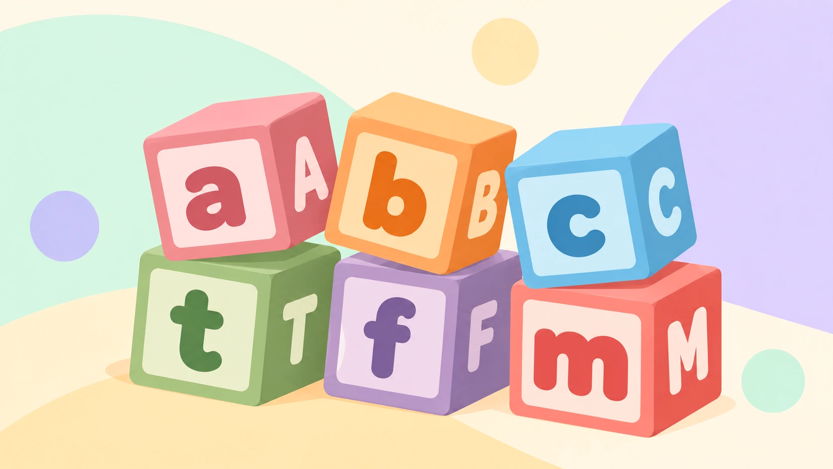 Six chunky toy alphabet blocks stacked in two rows on a pale cream and mint background, each block showing a thick lowercase letter on its front face and the matching capital on the side face: a and A, b and B, c and C, t and T, f and F, m and M.
