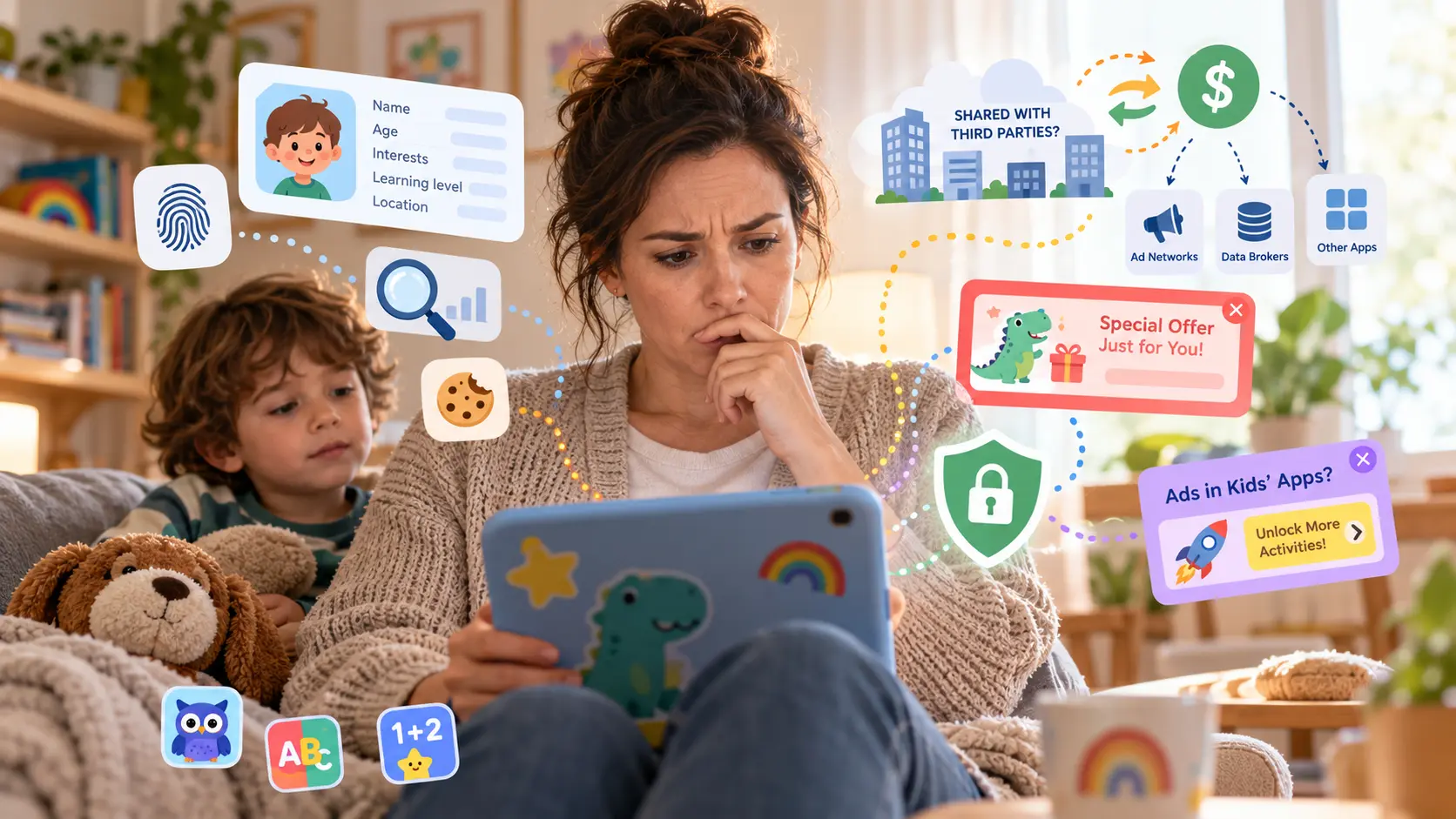 A parent frowns at a tablet while a young child leans in beside them, surrounded by what a kids' app can do out of sight: a profile card of the child's name, age, interests and location, a fingerprint and a tracking cookie, data flowing to ad networks, data brokers and other apps, and pop-ups reading “Special Offer Just for You!” and “Unlock More Activities!”, with a padlock shield among them.