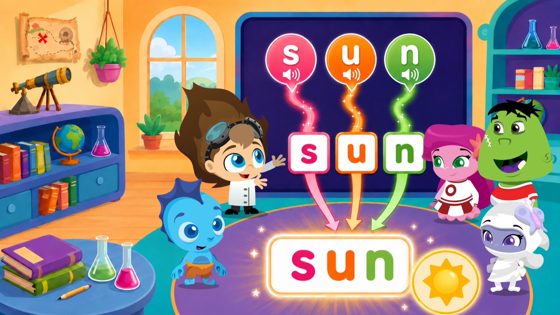 Three sound bubbles — "s", "u" and "n" — streaming down into the letter tiles below and joining into the whole word "sun", watched by the Wonster Words characters.