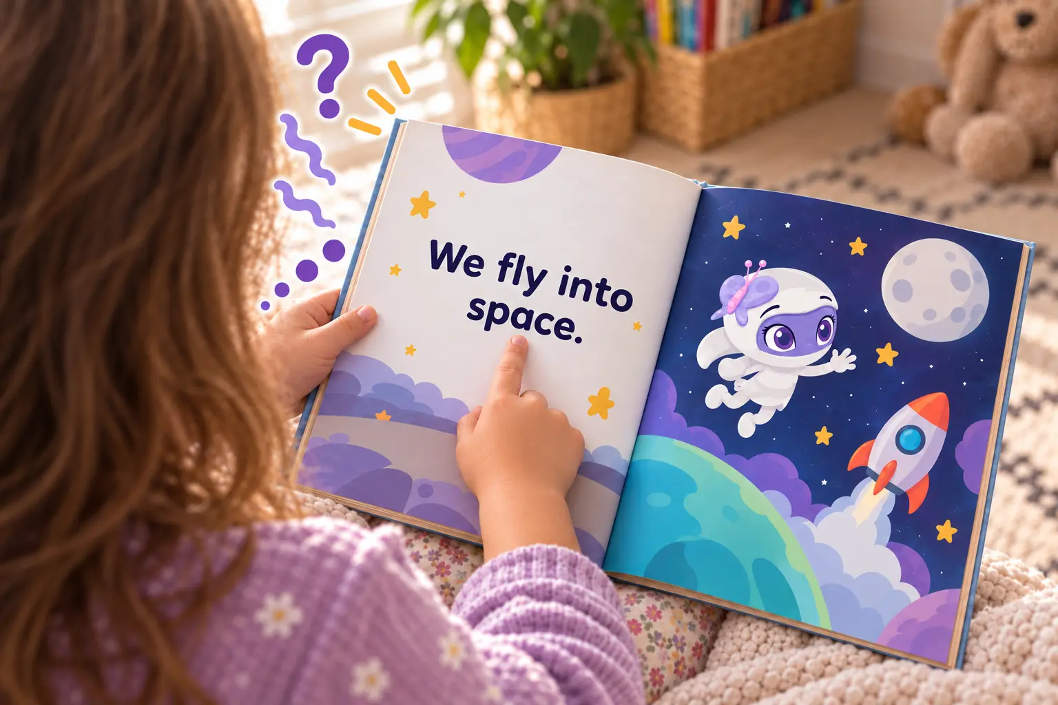 A child sitting on a rug with a picture book open in her lap, her finger under the words "We fly into space." on the left-hand page. The right-hand page shows Patti the mummy ninja floating in space with her butterfly, beside a rocket and the moon. The words and the picture that would give them away sit on facing pages.