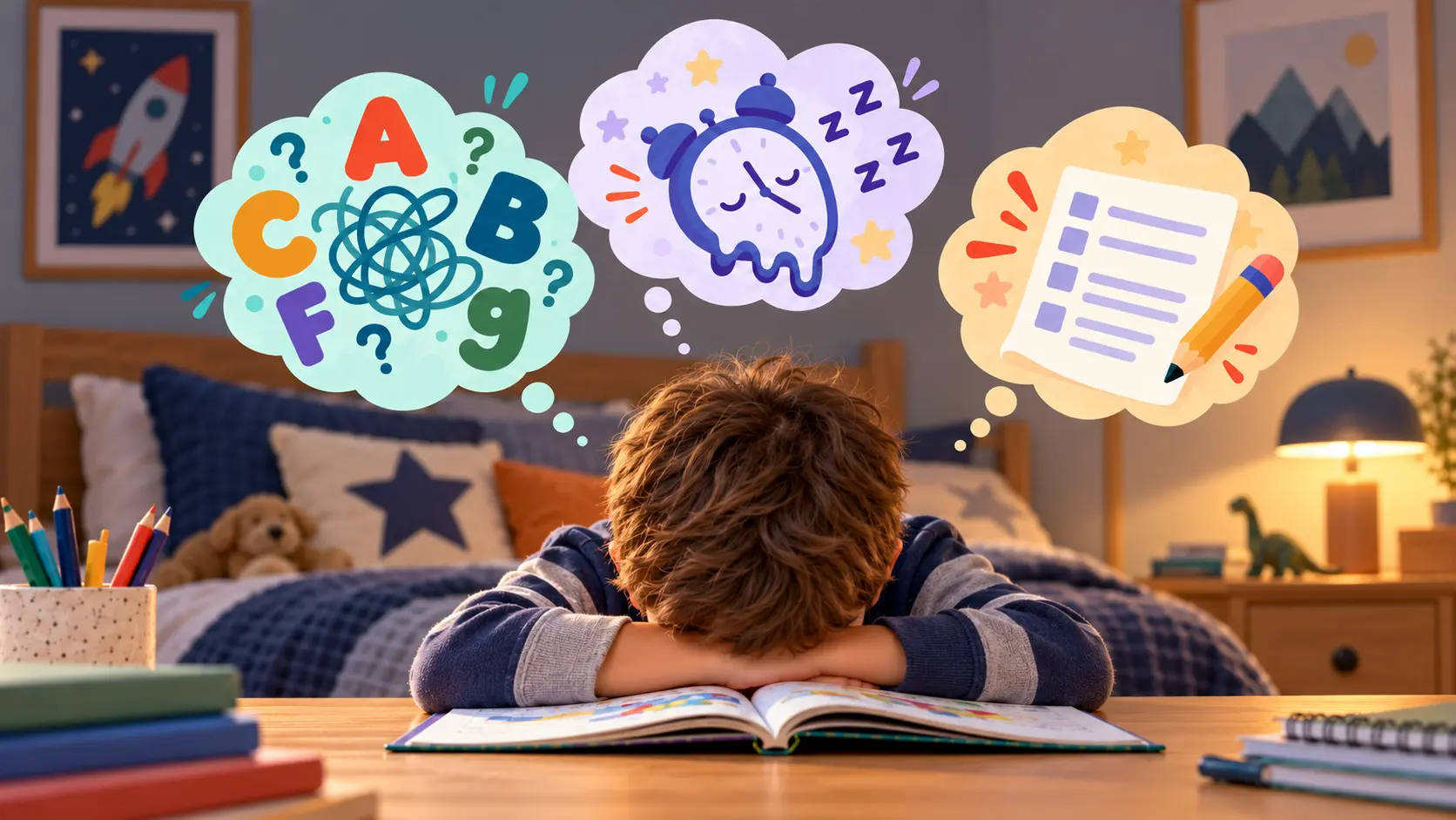 Three reasons reading practice stops working, drawn as thought bubbles above a child who has put their head down on an open book: letters that will not come apart, a clock that has run too long, and a worksheet that has become a test.