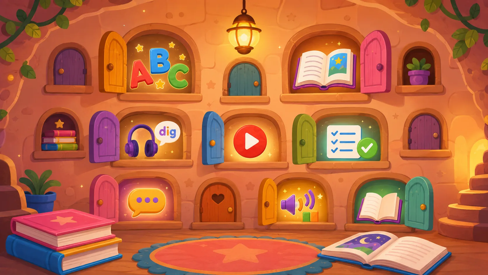 A warm burrow wall set with small arched doors, most standing open on a different kind of reading app: bright ABC letters, a picture book, headphones sounding out the word “dig”, a video play button, a progress checklist with a green check, a speech bubble, and a speaker playing sounds. A few doors are still shut. Real storybooks lie open on the floor in front of them all.