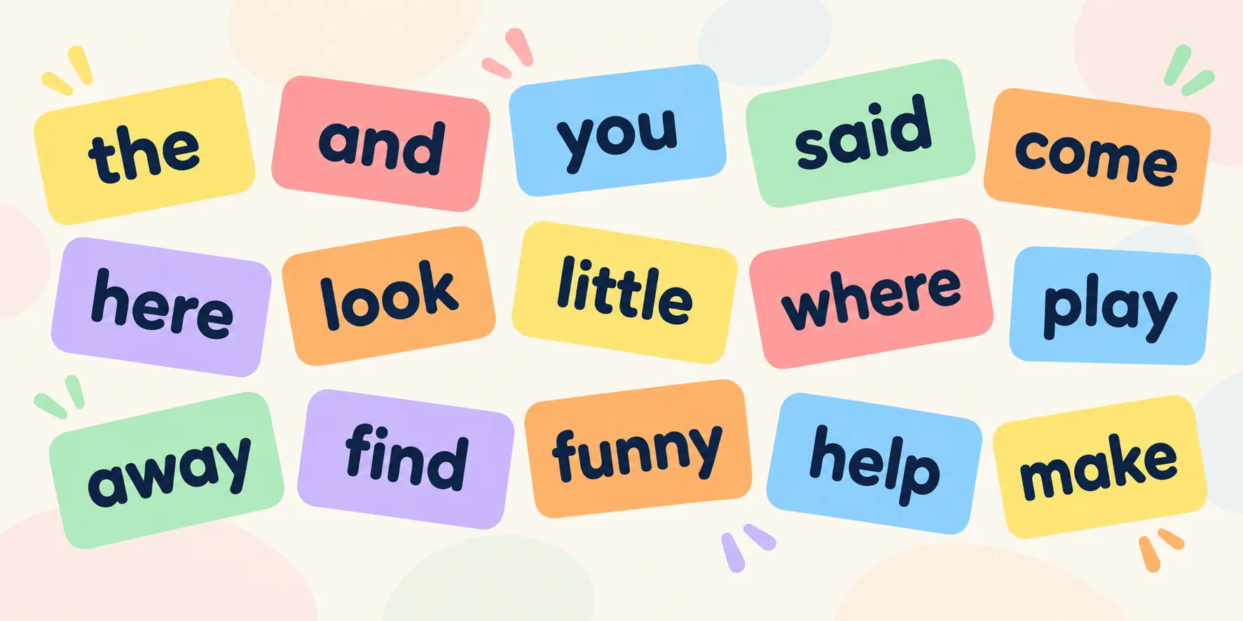 Fifteen colored word cards reading the, and, you, said, come, here, look, little, where, play, away, find, funny, help and make, all of them Dolch sight words.