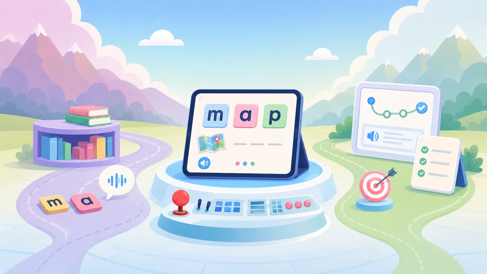Three paths meeting at an unbranded tablet that builds the word “map” from letter tiles: one past a shelf of library books, one past the letter tiles “m” and “a” with a speech bubble of sound waves, and one past a panel showing a child's progress and a checklist.