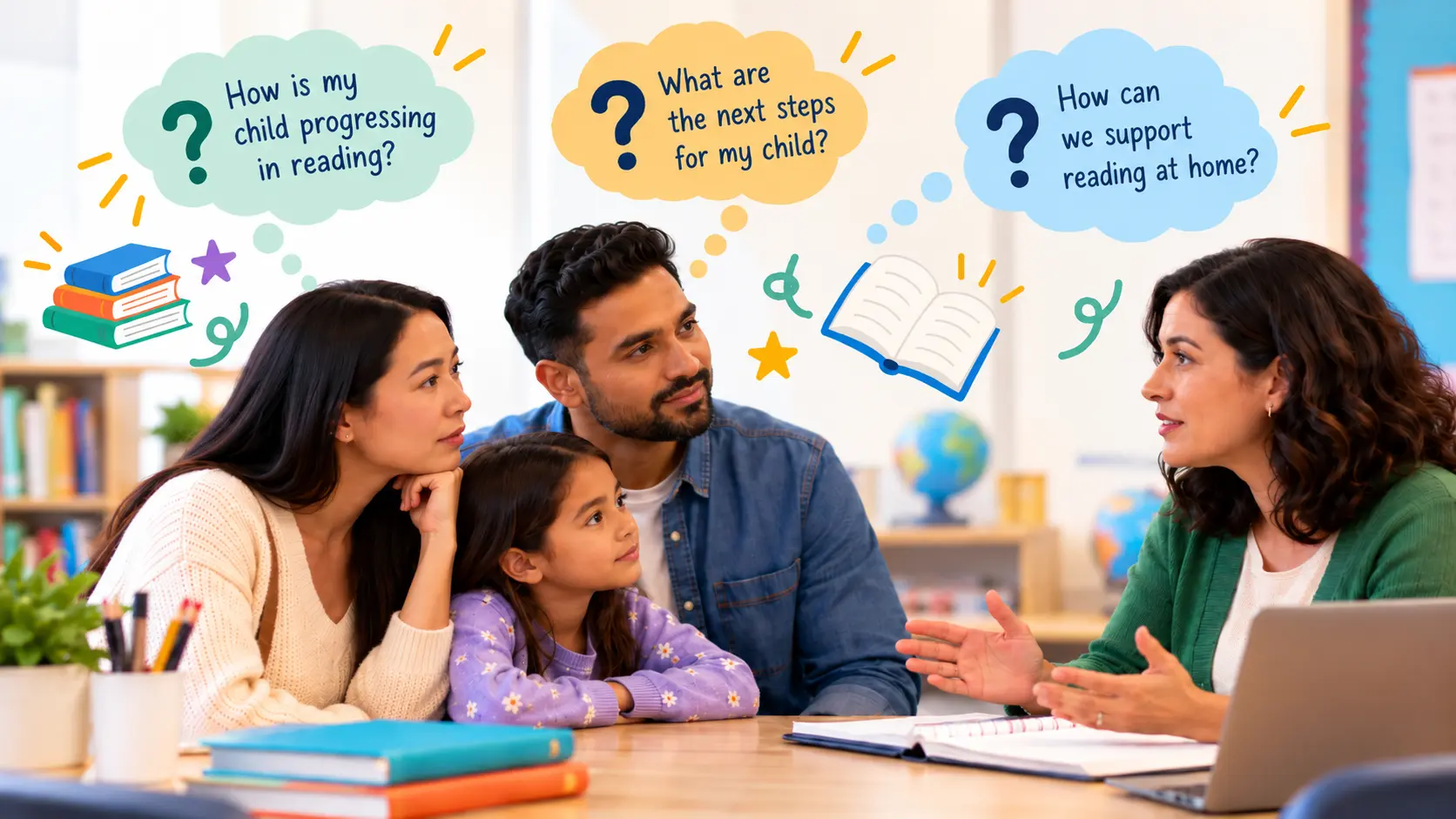 A mother, a father, and their young daughter sitting across a classroom table from their child's teacher, who is explaining with open hands beside a laptop and an open notebook. Above the family float three thought bubbles holding the questions they came with: "How is my child progressing in reading?", "What are the next steps for my child?", and "How can we support reading at home?"