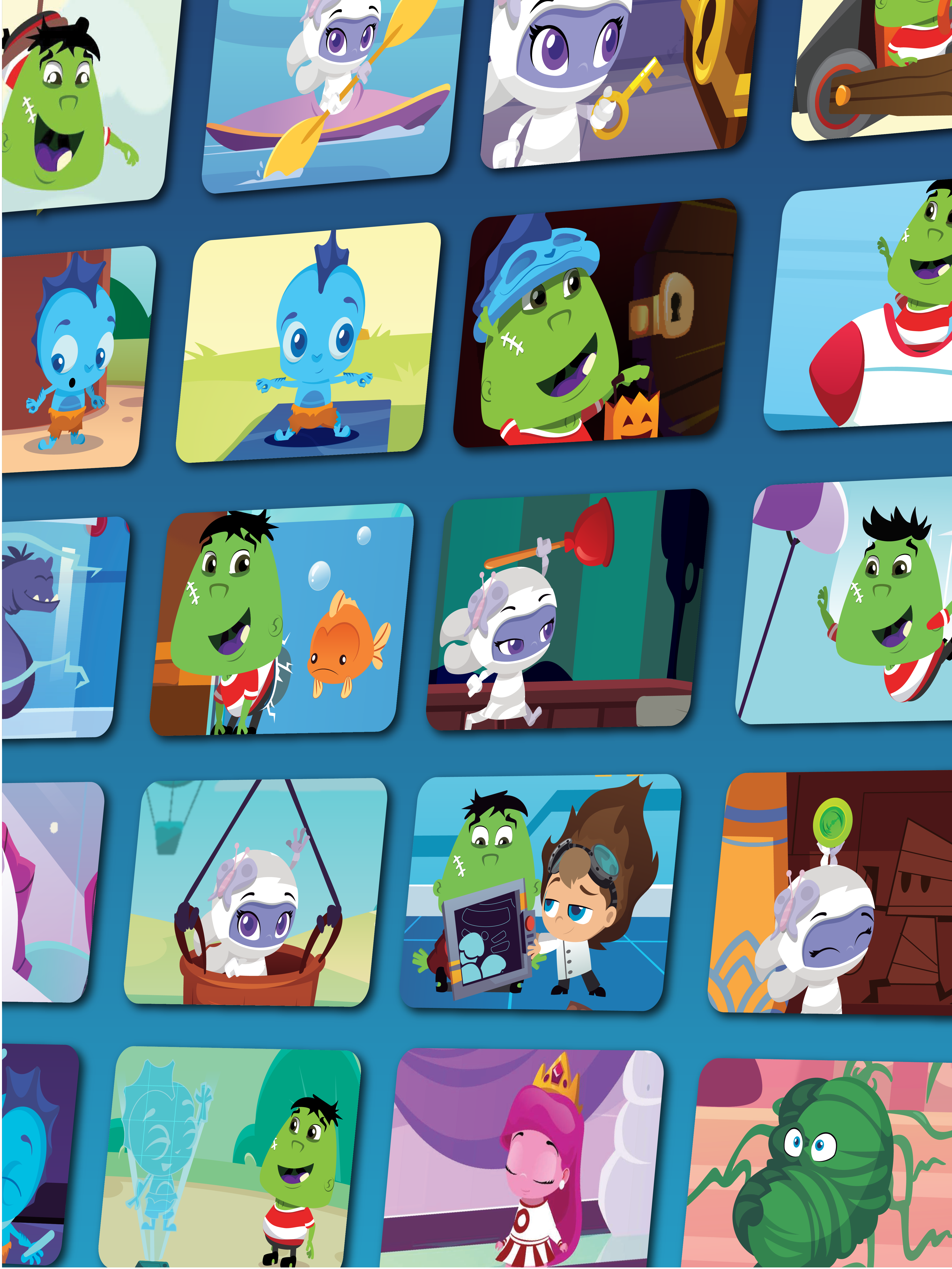 The Wonster Words activity catalog — a wall of reading games, books, and animated shorts.
