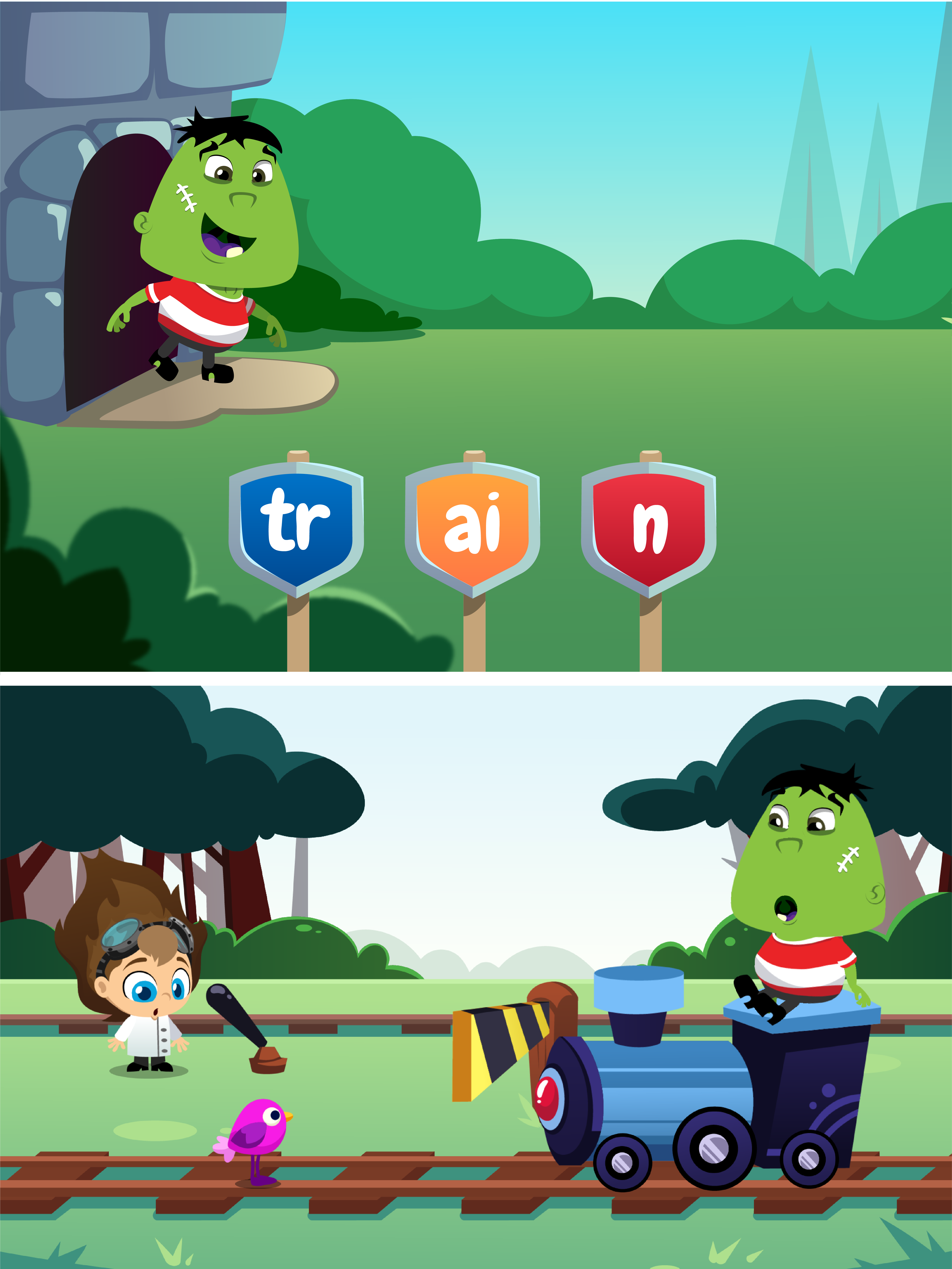 A phonics game in play: building the word “train” from tr, ai, and n sound tiles.