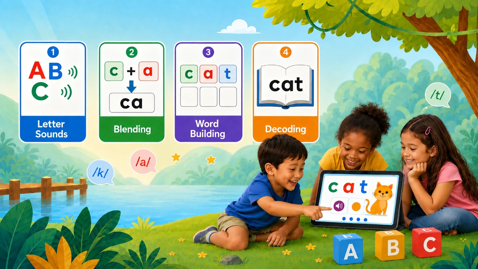 The four stages a phonics app teaches, as numbered cards — letter sounds, blending, word building, decoding — beside three children sounding out “cat” together on a tablet.