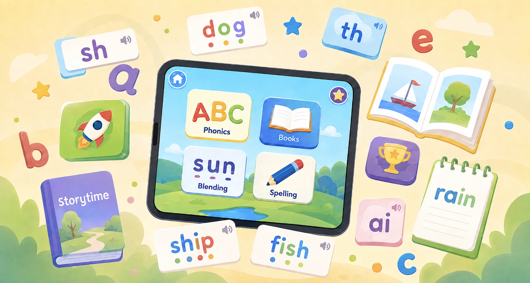 An unbranded tablet showing four reading activities (Phonics, Books, Blending and Spelling), ringed by the stages a child moves through as they grow: the loose letters a, b and c, the word “sun” with a dot under each sound, cards reading “sh”, “th” and “ai”, whole words like “ship”, “fish” and “rain”, and storybooks for once reading comes easily.