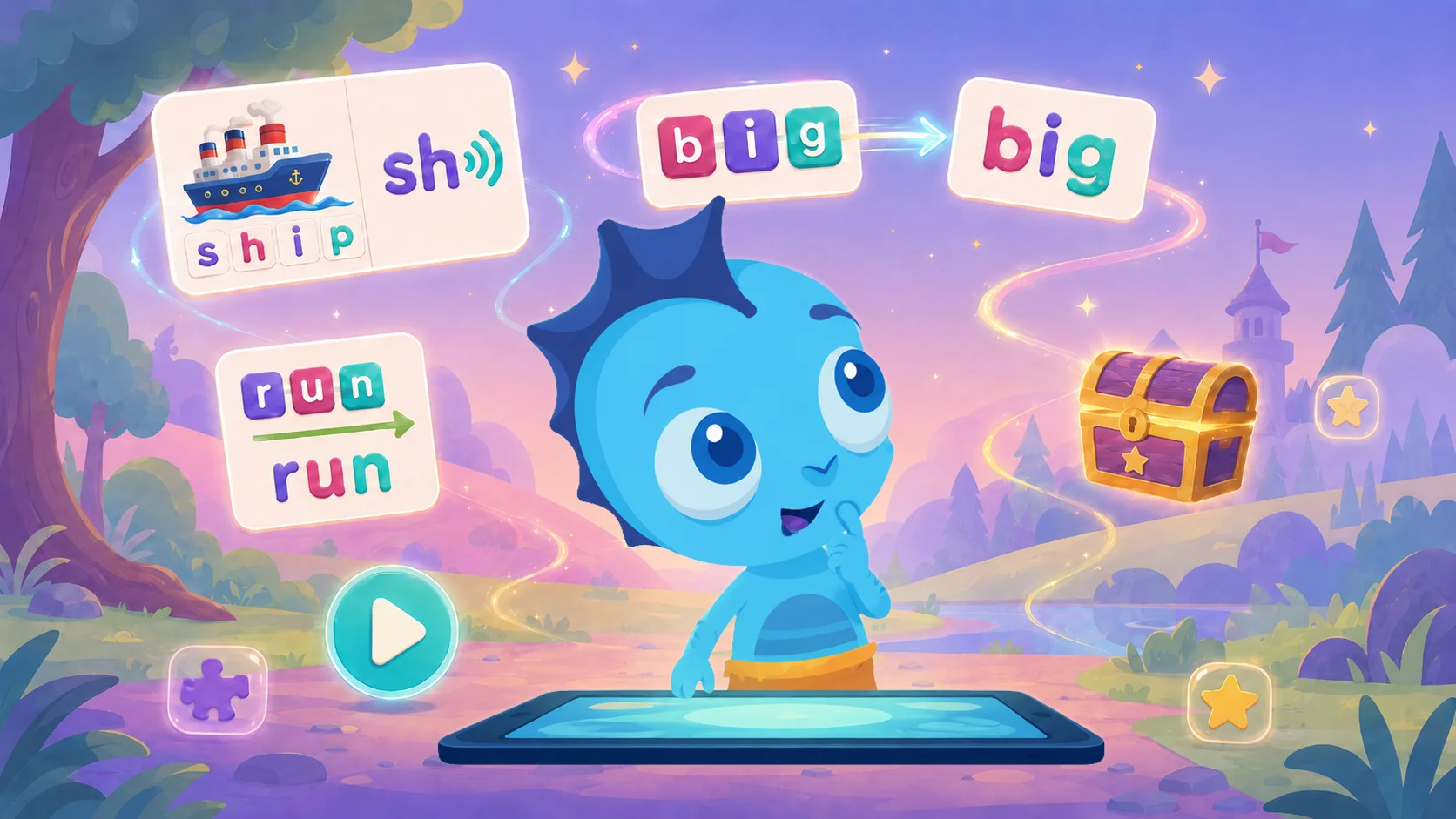 A blue Wonster character standing at a glowing tablet in a twilight landscape, surrounded by floating app cards: a ship beside the letter tiles “s h i p” and the digraph “sh” with a sound wave, the tiles “b i g” resolving into the word “big”, the tiles “r u n” resolving into the word “run”, plus a play button, a puzzle icon, two stars and a treasure chest.