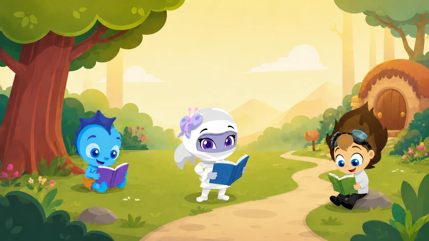 Three children reading in the same sunlit meadow at three different stages — a small blue monster with a picture book, a young Wonster holding an open storybook, and an older boy sitting on a rock with a chapter book.