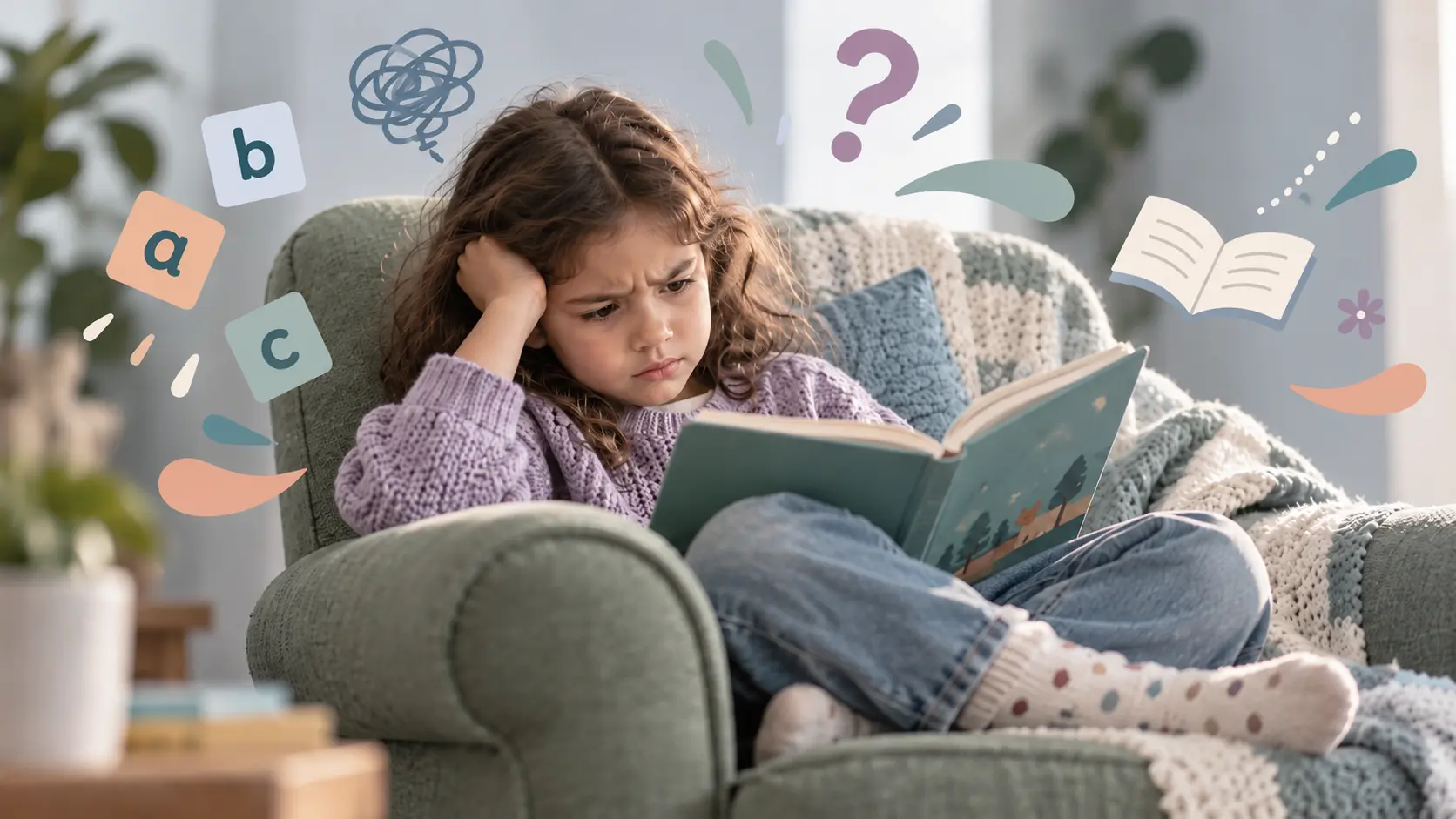 A child who reads willingly every day and is not getting better: curled into an armchair with an open book, frowning at the page, one hand in their hair. Around them float the letters a, b, and c, the basics the practice is meant to build, beside a tangled scribble and a question mark where those basics should be coming together into reading.