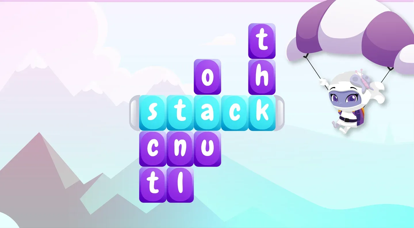 Wonster Words spelling game: forming the word “stack” in a crossword-style word puzzle.