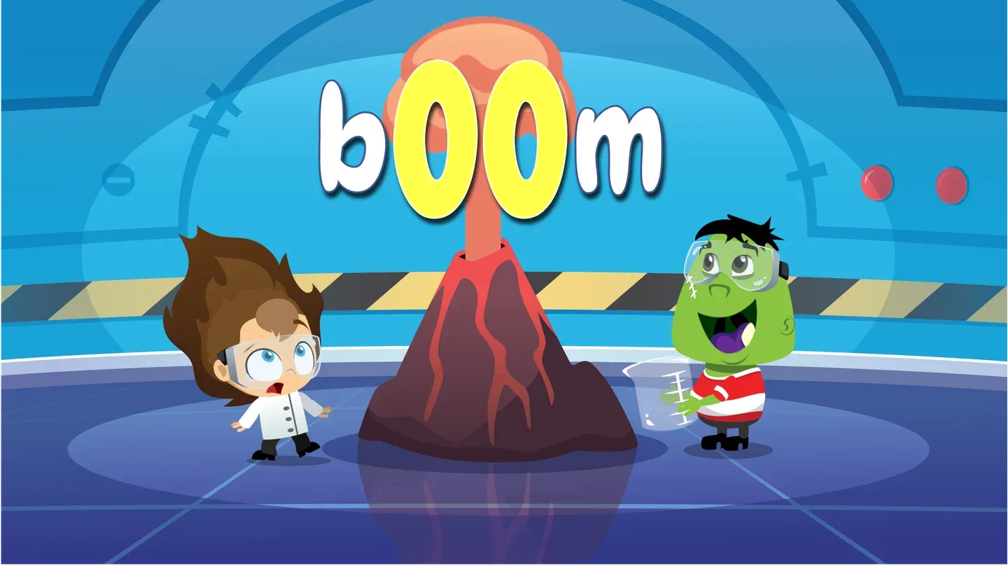 Wonster Words: an erupting volcano spelling out the word “boom” for two young scientists.