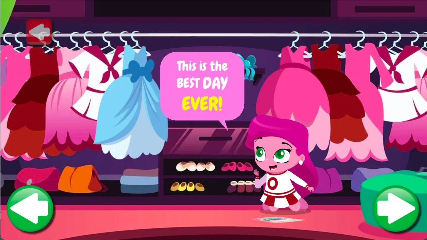 Wonster Words reading scene: a character in a dress-up shop reads the words “This is the best day ever!”