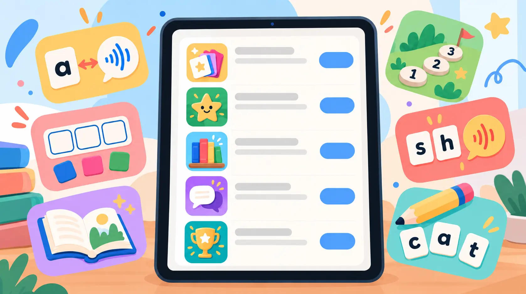 What a store listing cannot tell you about a reading app, as a tablet of five apps, each row an icon, a name, and an install button, with nothing to tell one from another, ringed by the things to look at inside an app instead: a letter tile “a” and a sound-wave bubble joined by a double-headed arrow, for practice running both ways between letters and sounds; three empty boxes with tiles waiting below, and the tiles c, a, and t beside a pencil, for an app that has a child build a word and not only read one; numbered stepping stones crossing grass to a flag, for teaching in an order; the letters s and h beside a sound wave, for two letters making one sound; and an open book with a picture on one page and words on the other.