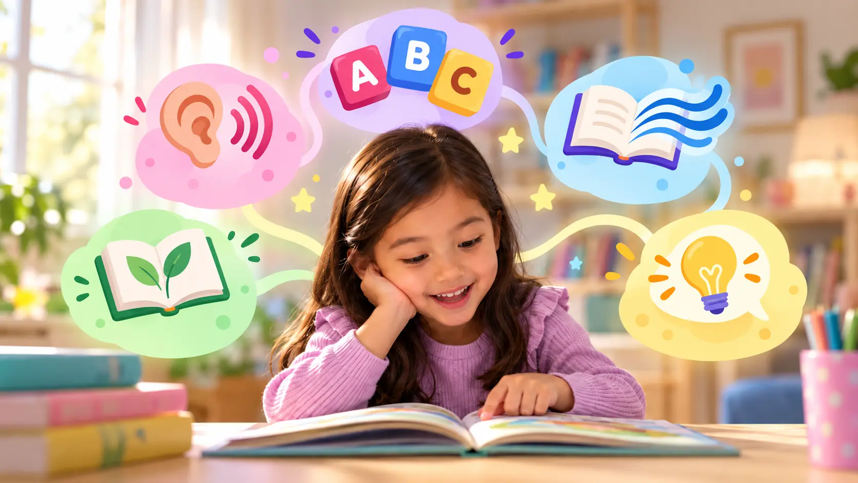 A smiling girl reading an open picture book at a sunlit table, with five colored thought bubbles floating around her head, one for each part of learning to read: an ear with sound waves for hearing the sounds inside words, the letter tiles A, B and C for linking letters to those sounds, an open book trailing motion lines for reading smoothly, an open book with a green seedling growing out of it for a growing vocabulary, and a glowing lightbulb for understanding what was read. A looping ribbon joins the five together.