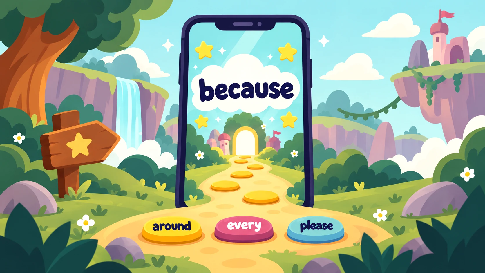 A cartoon phone standing in a storybook landscape of green hills, a waterfall and a far-off castle. Its screen shows a sight word game: the word “because” on a cloud, above a path of stepping stones leading to a lit doorway. Three word buttons sit on the path in front of the phone, reading “around”, “every” and “please”.