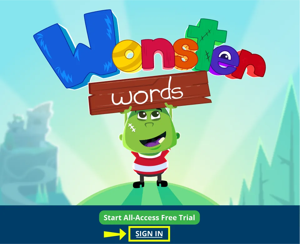 The Wonster Words start screen with an arrow pointing to the Sign In button at the bottom.