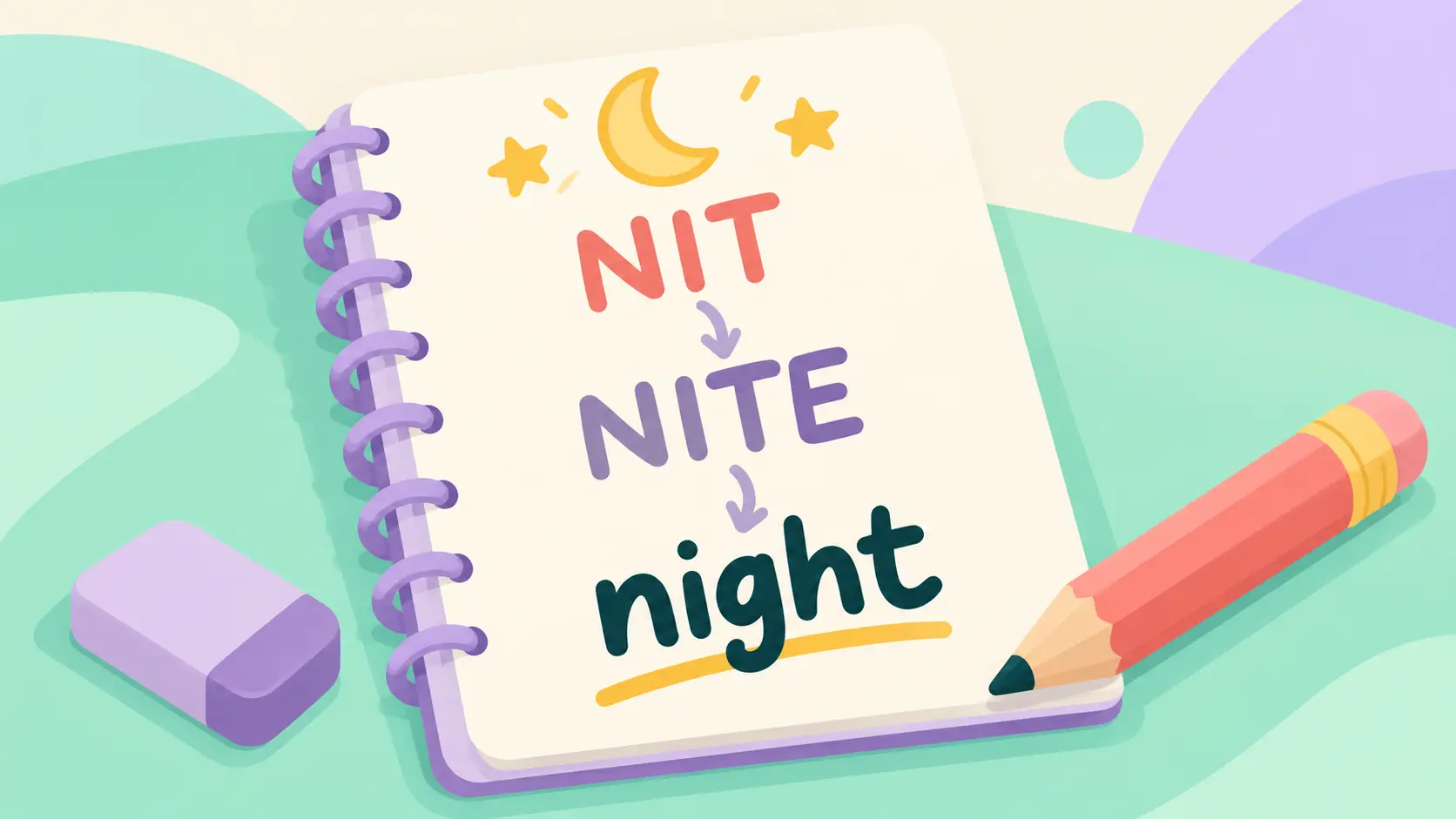 A spiral notepad on a desk beside a pencil and an eraser, showing a child's spellings of the word night stacked with arrows between them: NIT, then NITE, then night spelled correctly and underlined. A crescent moon and two stars are drawn at the top of the page.