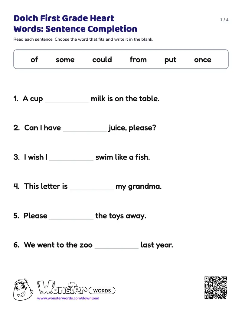 Page 1 of the Dolch First Grade Heart Words: Sentence Completion worksheet (4 pages): 11 sentences, answer key included