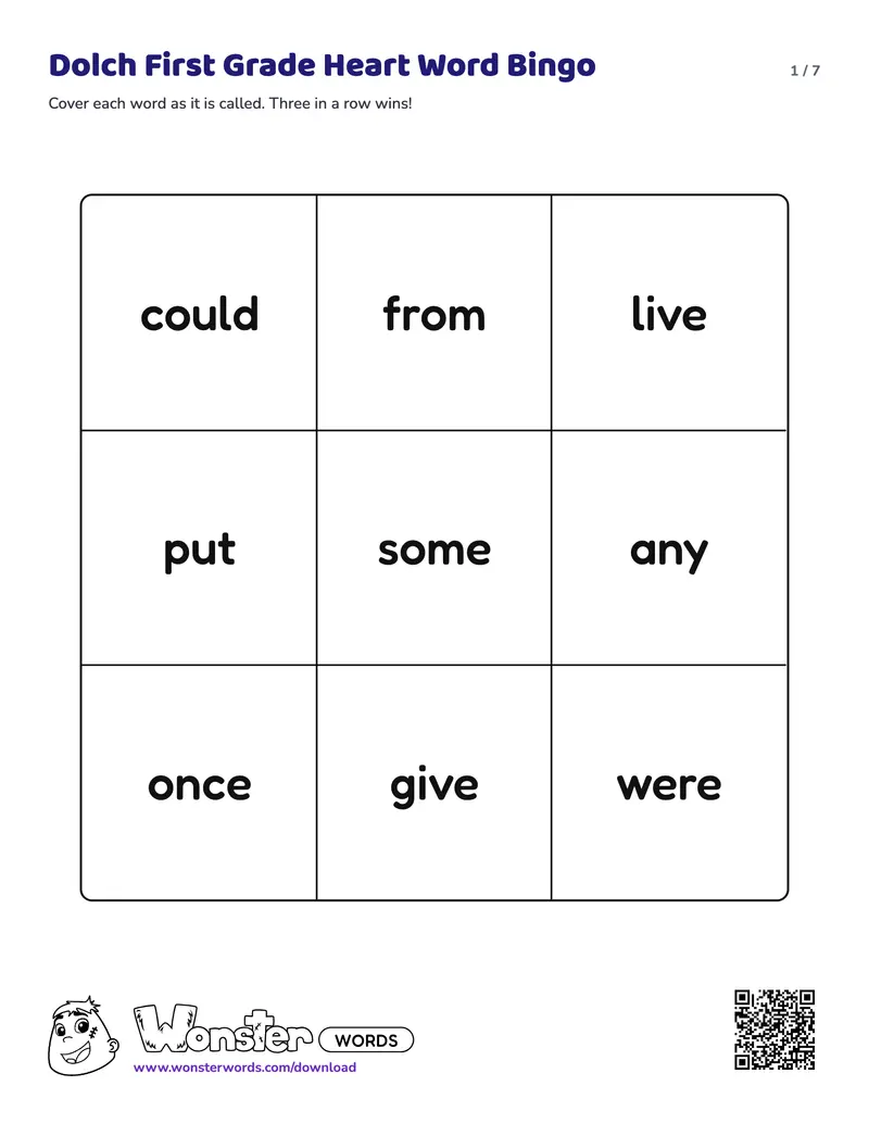 Page 1 of the Dolch First Grade Heart Word Bingo worksheet (7 pages): 11 words