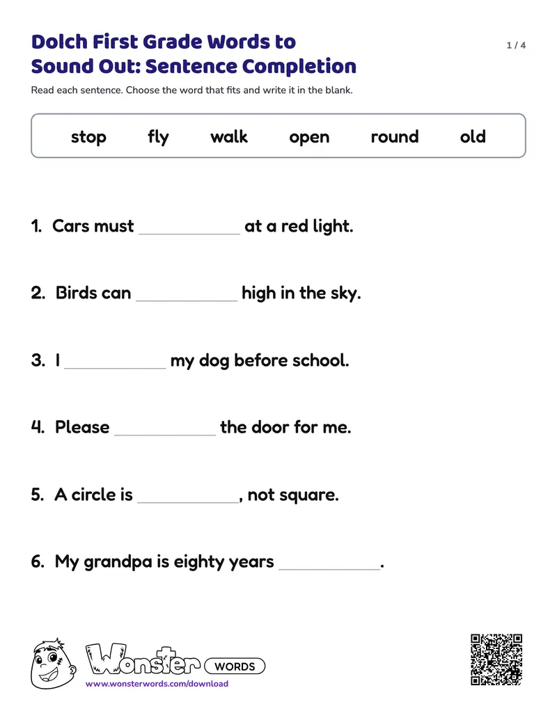 Page 1 of the Dolch First Grade Words to Sound Out: Sentence Completion worksheet (4 pages): 12 sentences, answer key included