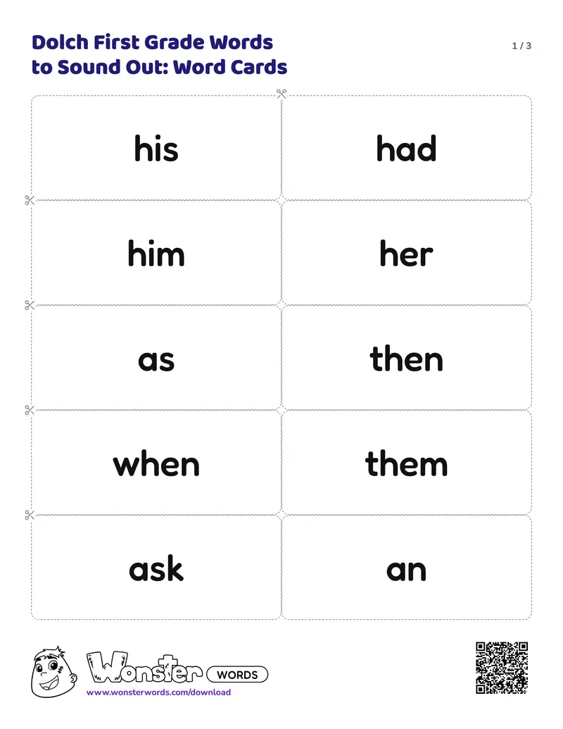 Page 1 of the Dolch First Grade Words to Sound Out: Word Cards worksheet (3 pages): 30 cards