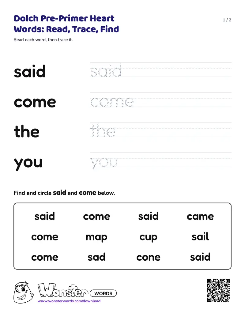 Page 1 of the Dolch Pre-Primer Heart Words: Read, Trace, Find worksheet (2 pages): 4 words, answer key included