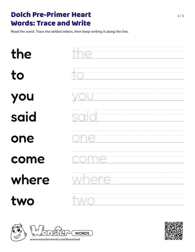 The Dolch Pre-Primer Heart Words: Trace and Write worksheet: 8 words