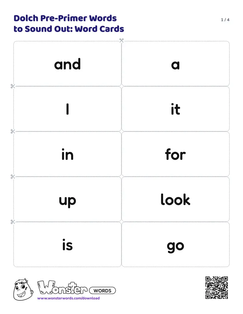 Page 1 of the Dolch Pre-Primer Words to Sound Out: Word Cards worksheet (4 pages): 32 cards
