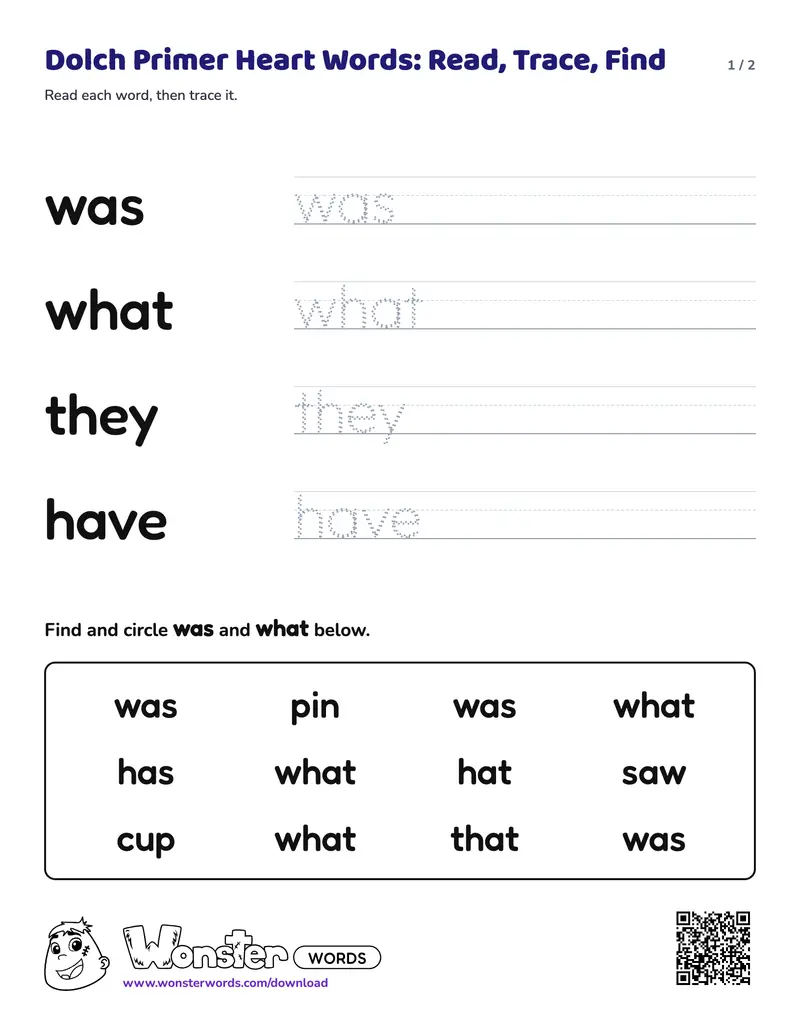 Page 1 of the Dolch Primer Heart Words: Read, Trace, Find worksheet (2 pages): 4 words, answer key included