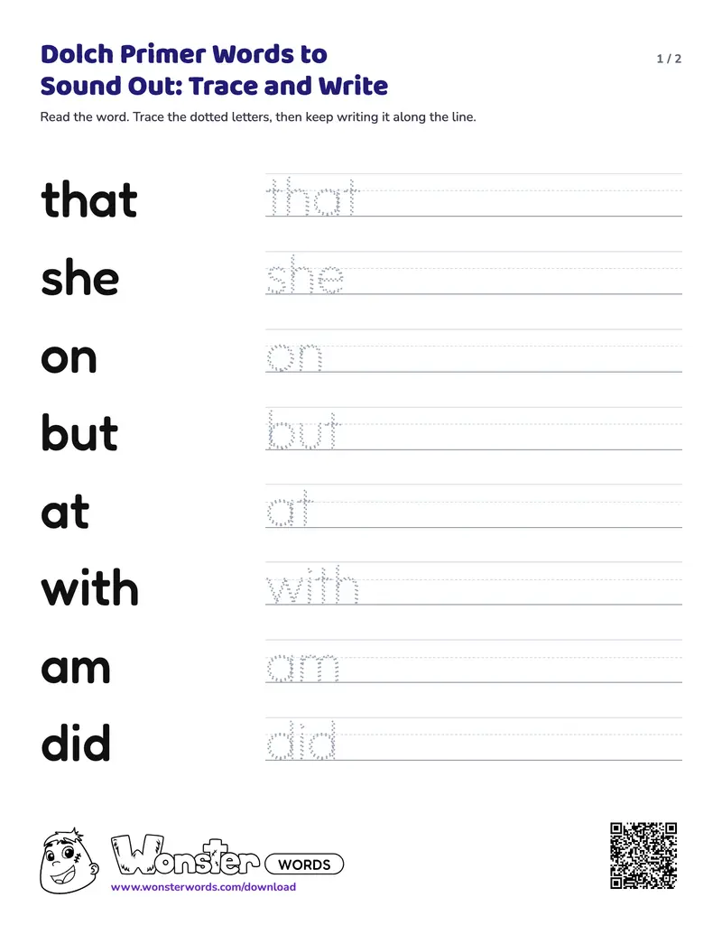 Page 1 of the Dolch Primer Words to Sound Out: Trace and Write worksheet (2 pages): 16 words