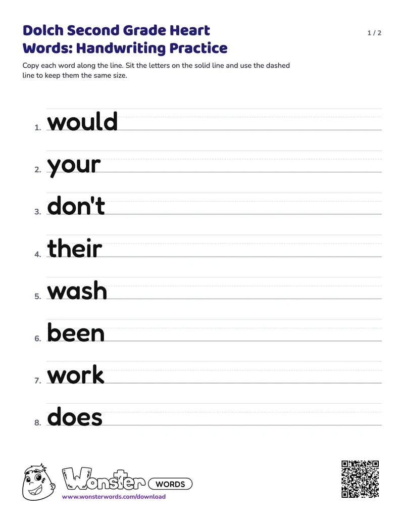 Page 1 of the Dolch Second Grade Heart Words: Handwriting Practice worksheet (2 pages): 12 words