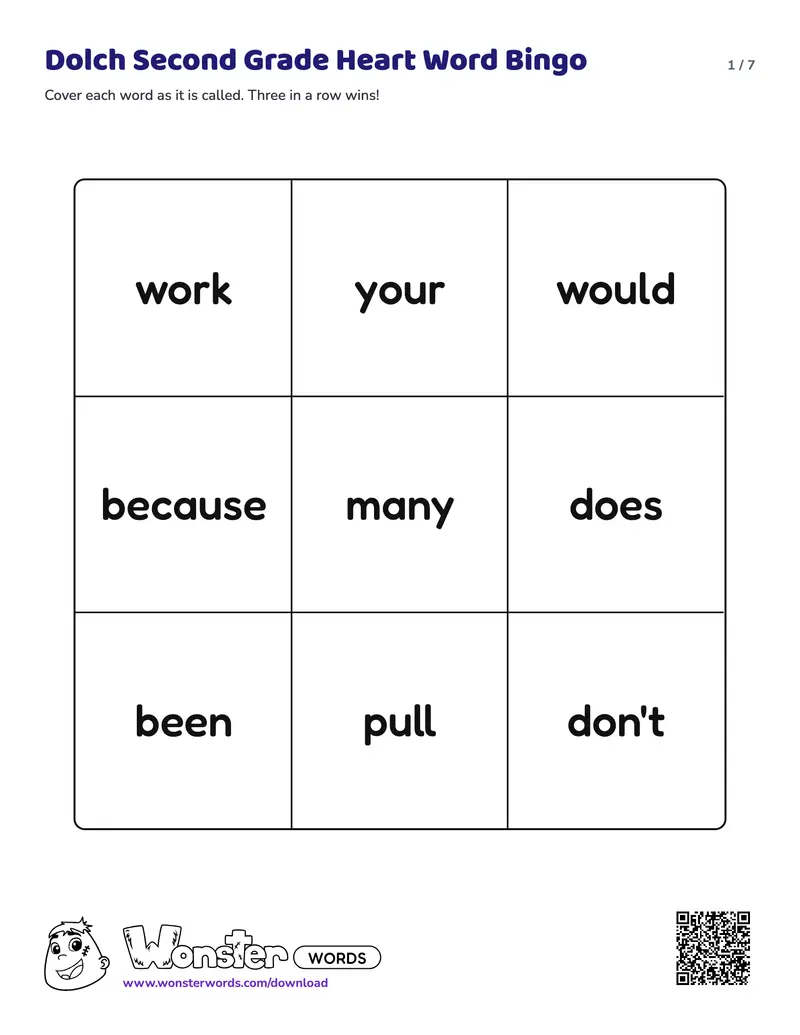 Page 1 of the Dolch Second Grade Heart Word Bingo worksheet (7 pages): 12 words