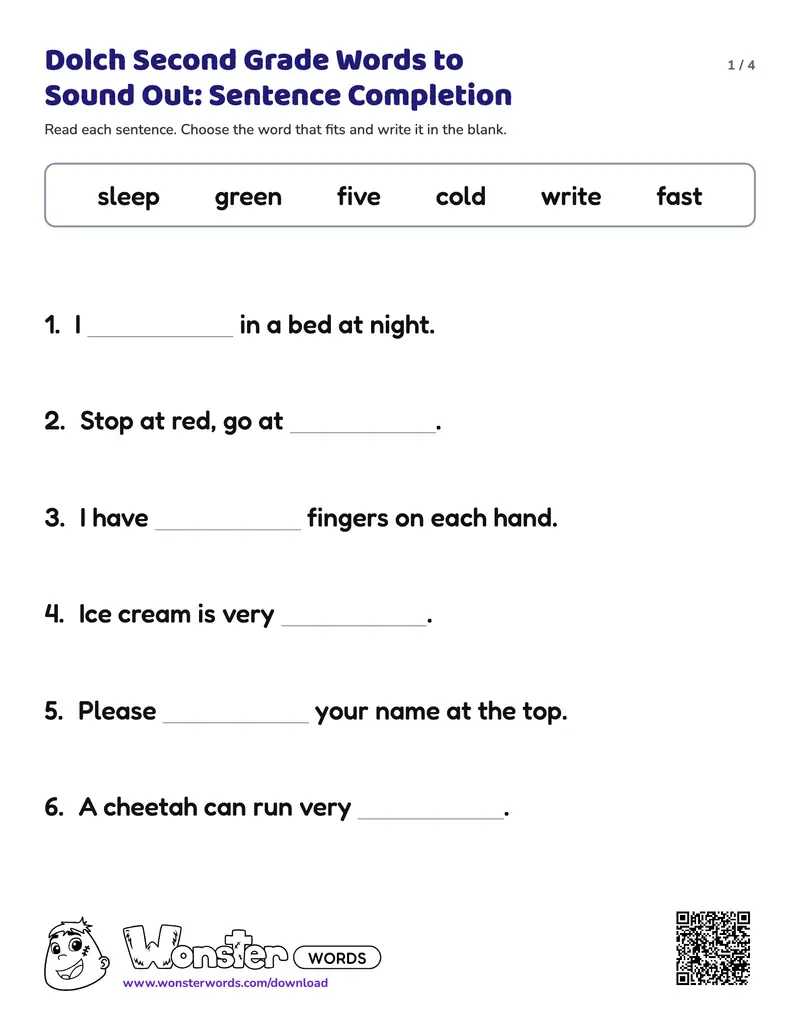 Page 1 of the Dolch Second Grade Words to Sound Out: Sentence Completion worksheet (4 pages): 12 sentences, answer key included