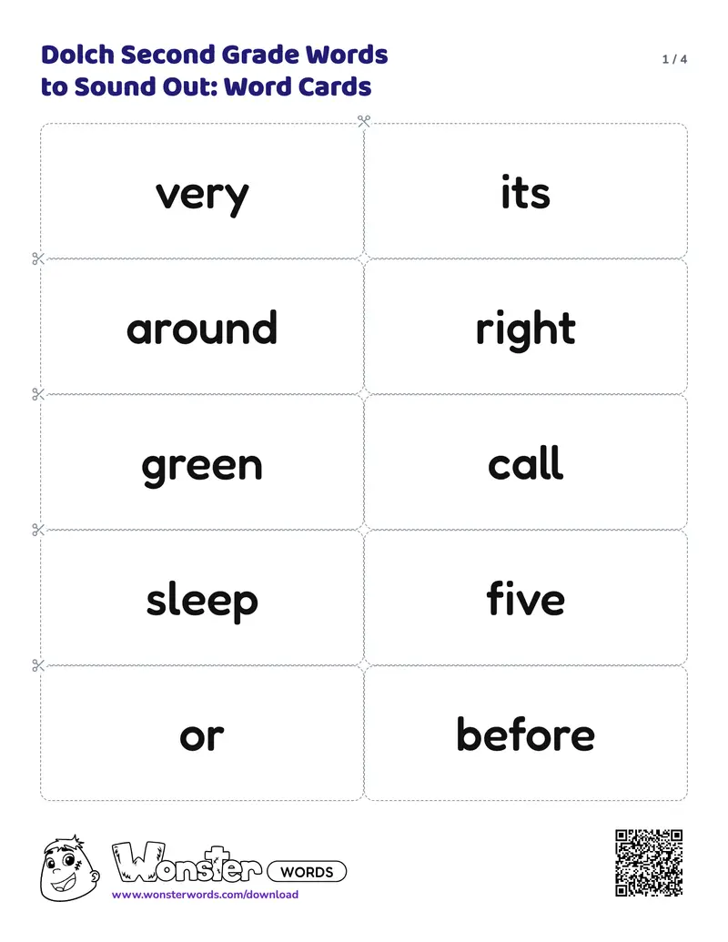Page 1 of the Dolch Second Grade Words to Sound Out: Word Cards worksheet (4 pages): 34 cards