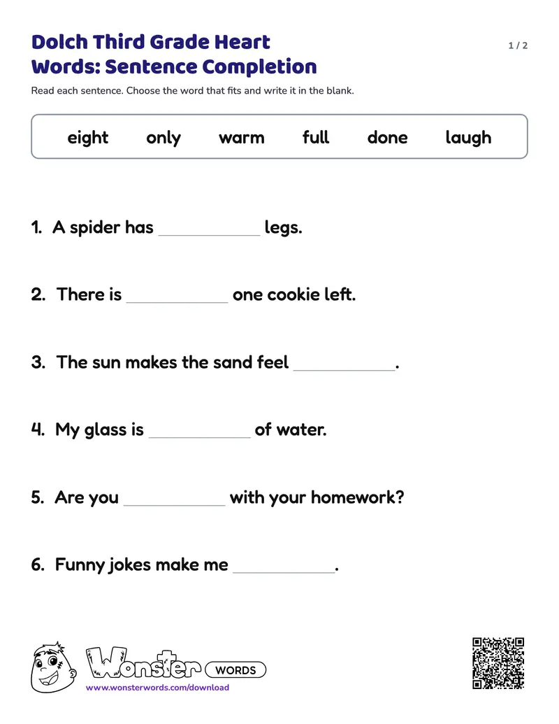Page 1 of the Dolch Third Grade Heart Words: Sentence Completion worksheet (2 pages): 6 sentences, answer key included