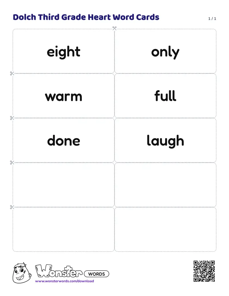 The Dolch Third Grade Heart Word Cards worksheet: 6 cards