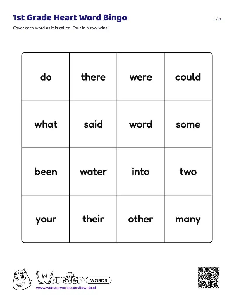Page 1 of the 1st Grade Heart Word Bingo worksheet (8 pages): 21 words