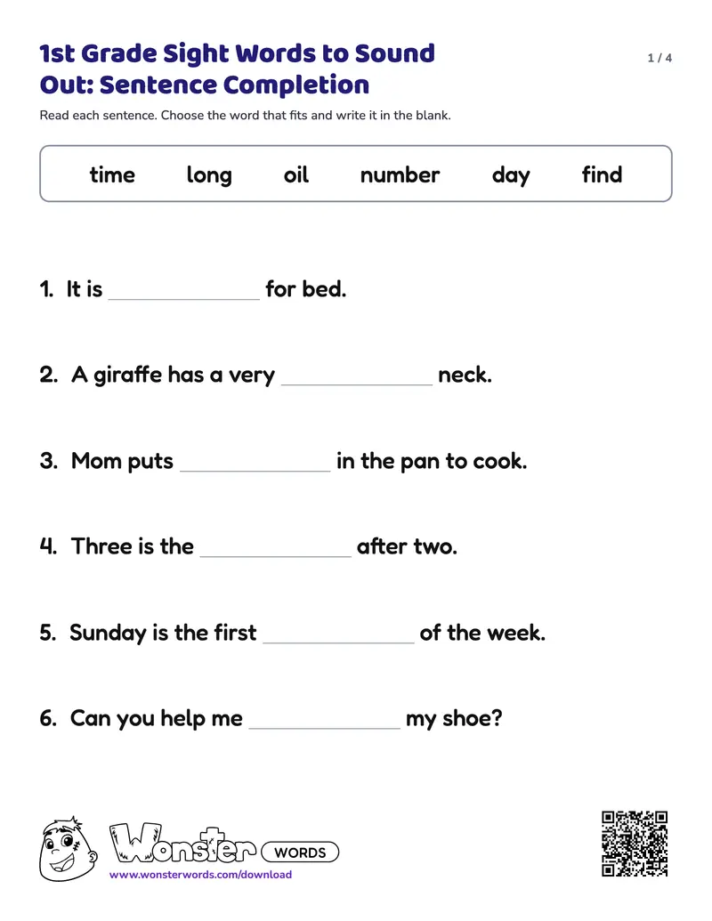 Page 1 of the 1st Grade Sight Words to Sound Out: Sentence Completion worksheet (4 pages): 12 sentences, answer key included