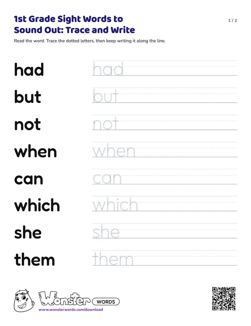 Page 1 of the 1st Grade Sight Words to Sound Out: Trace and Write worksheet (2 pages): 16 words