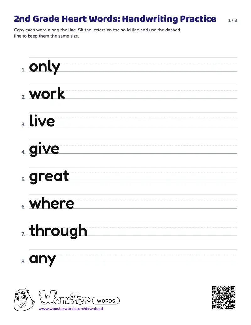 Page 1 of the 2nd Grade Heart Words: Handwriting Practice worksheet (3 pages): 22 words