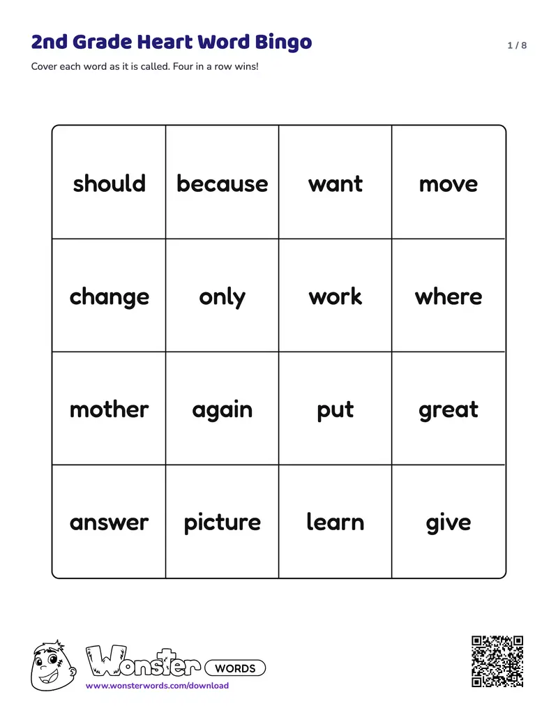 Page 1 of the 2nd Grade Heart Word Bingo worksheet (8 pages): 22 words