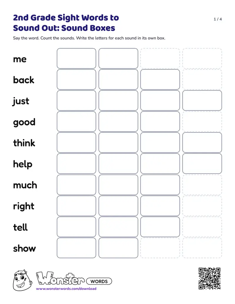Page 1 of the 2nd Grade Sight Words to Sound Out: Sound Boxes worksheet (4 pages): 20 words, answer key included