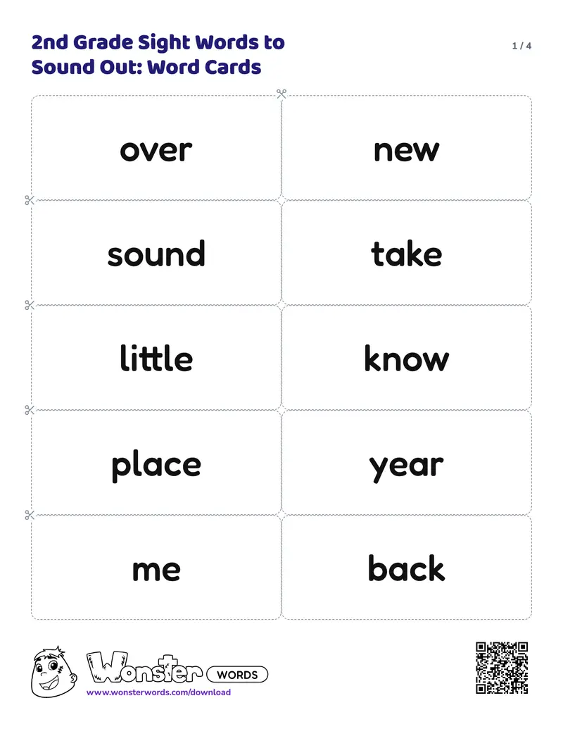 Page 1 of the 2nd Grade Sight Words to Sound Out: Word Cards worksheet (4 pages): 40 cards