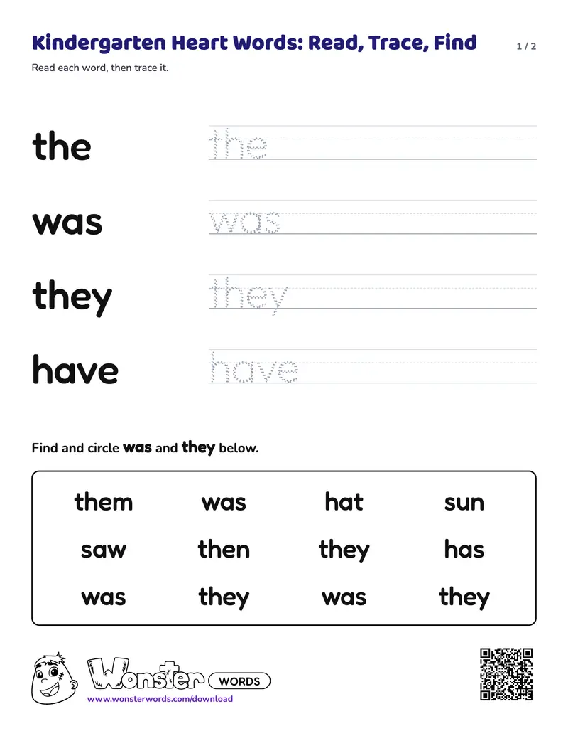 Page 1 of the Kindergarten Heart Words: Read, Trace, Find worksheet (2 pages): 4 words, answer key included