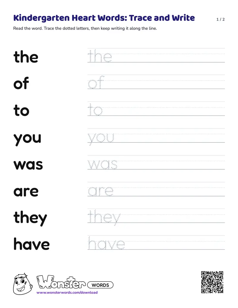 Page 1 of the Kindergarten Heart Words: Trace and Write worksheet (2 pages): 9 words